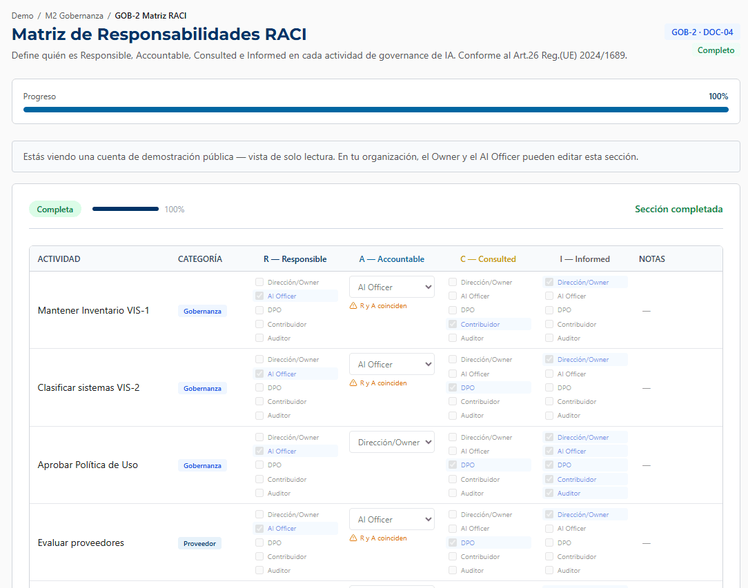 Governance RACI matrix screen (GOB-2) with owners and roles per decision, with sample data