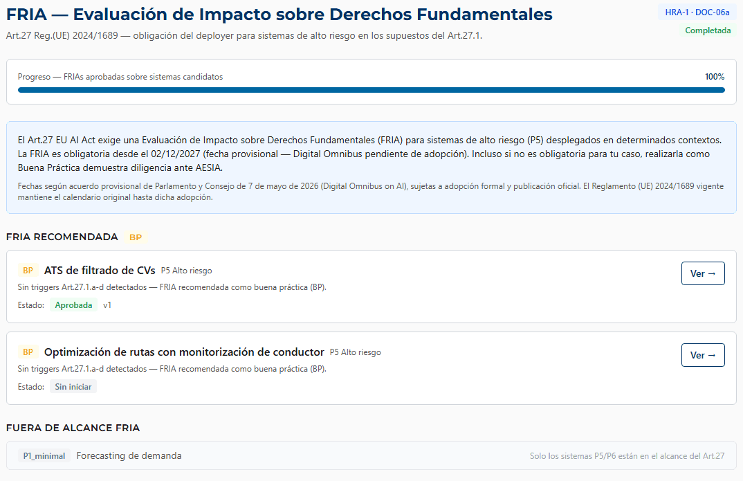 FRIA assessment screen (HRA-1) with the signable document and its status, with sample data