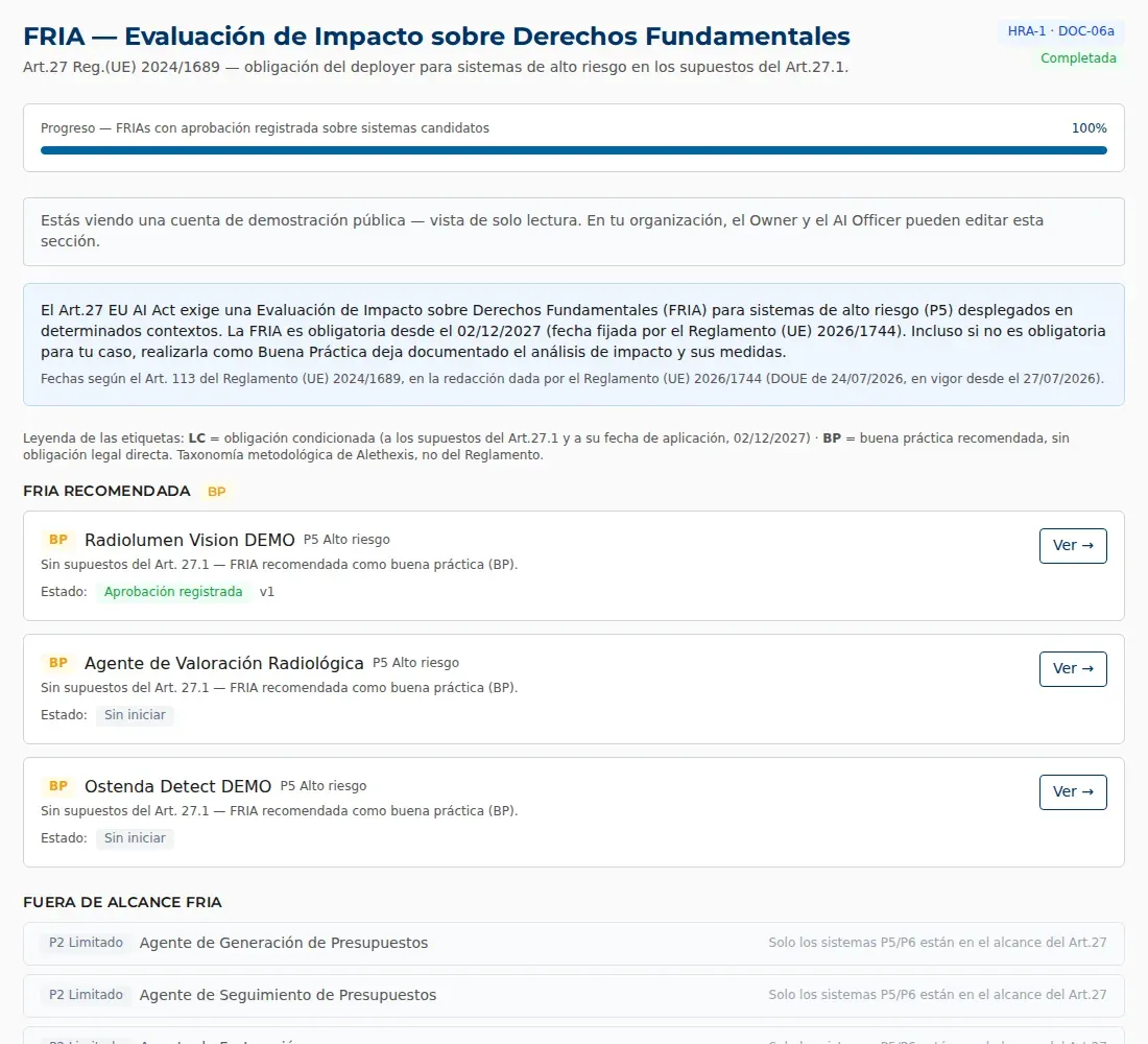 Pantalla de la evaluación FRIA (HRA-1) con el documento y su estado, con datos de ejemplo
