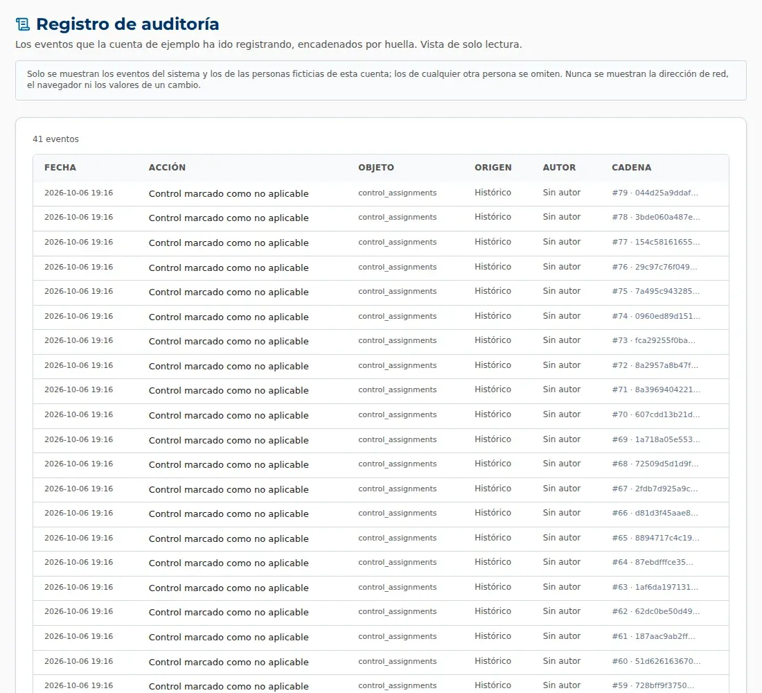 Pantalla del registro de auditoría de la demo de una clínica dental: eventos con fecha, acción, objeto, origen, autor y posición en la cadena, con datos ficticios