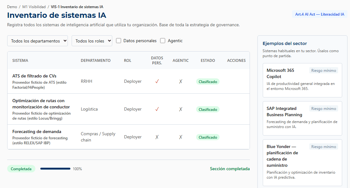 Screen of the AI systems inventory (VIS-1) showing the provider, area of use and owner of each system, with sample data